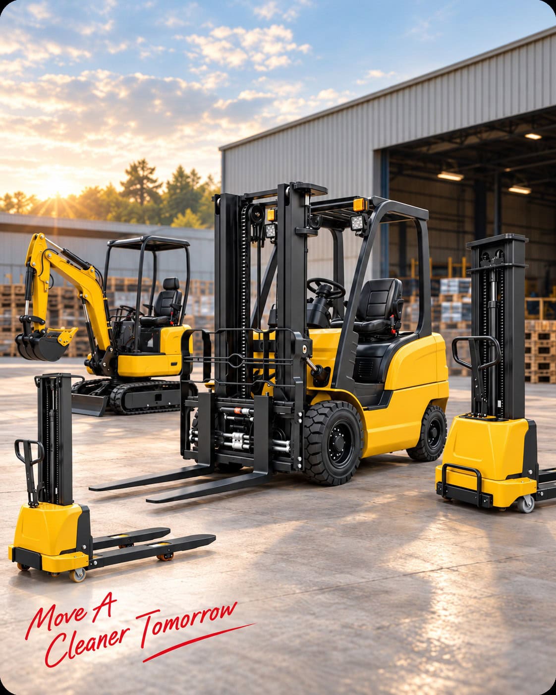 Fangwei forklifts, pallet trucks and a mini excavator in front of a factory. Move A Cleaner Tomorrow.
