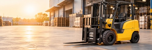 Yellow Fangwei forklift outside a warehouse at sunset.