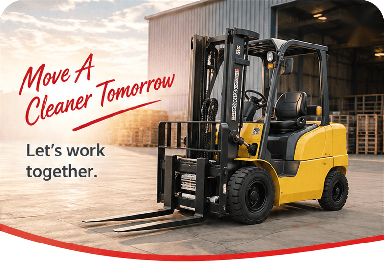 Fangwei forklift outside the factory. Move A Cleaner Tomorrow. Let's work together.
